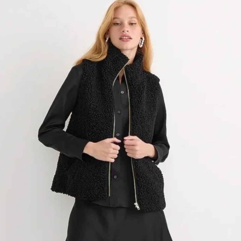 J. Crew Black Sherpa Faux Fur Vest, sz Large